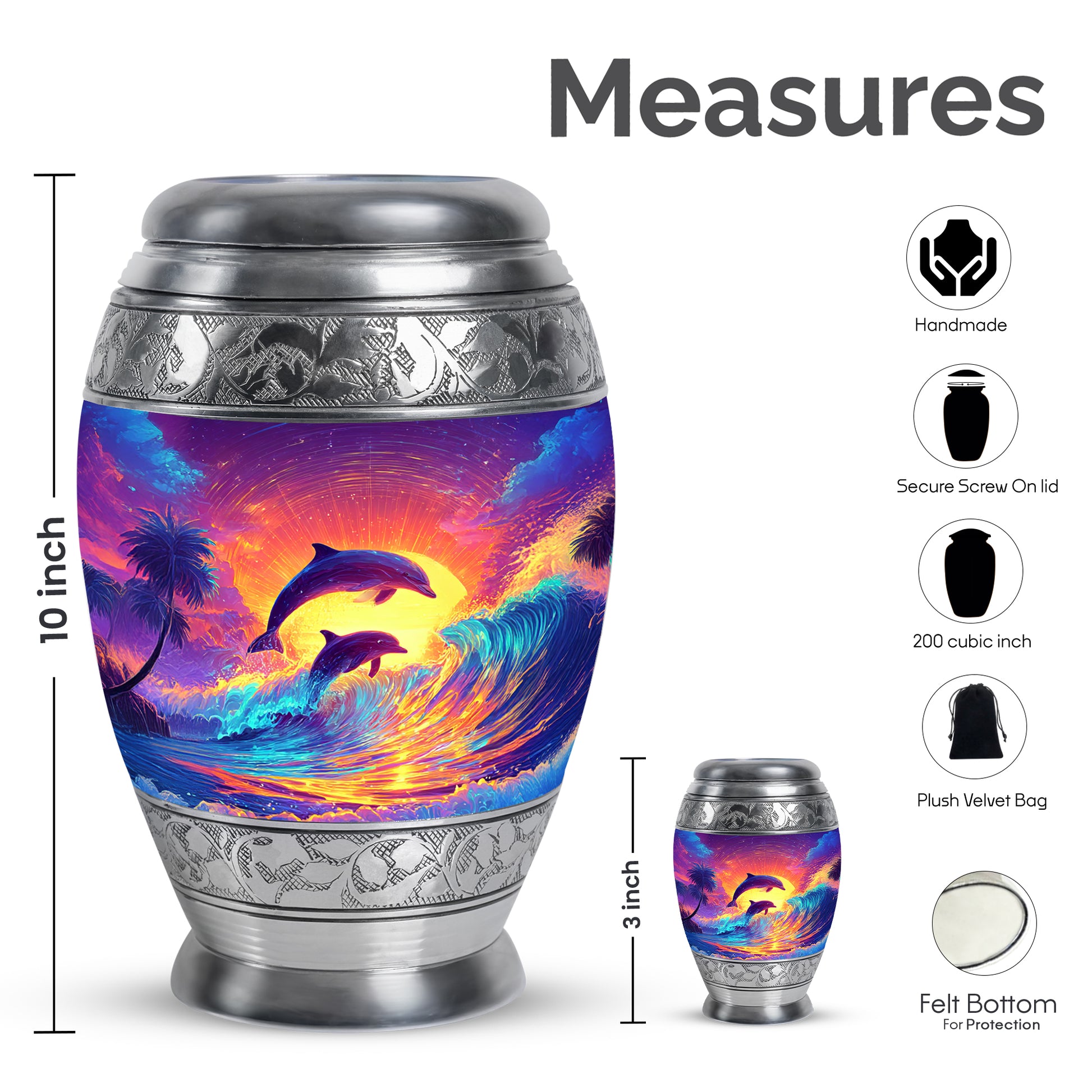 Majestic Purple Dolphin Cremation Urn lifestyle display on memorial shelf - ornate monarch-style dolphin relief on brushed aluminum - mini keepsake memorial for portion of cremation ashes