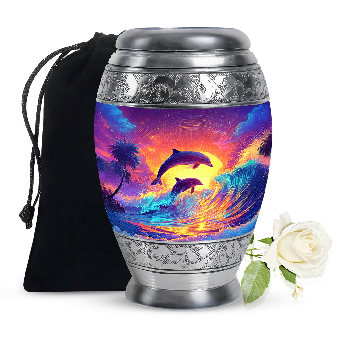 Lavender Purple Dolphin Cremation Urn back view with polished surface - majestic dolphin pattern with filigree border - full-size 10 inch 200 cubic inch adult cremation urn
