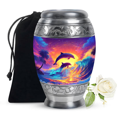 Lavender Purple Dolphin Cremation Urn back view with polished surface - majestic dolphin pattern with filigree border - full-size 10 inch 200 cubic inch adult cremation urn