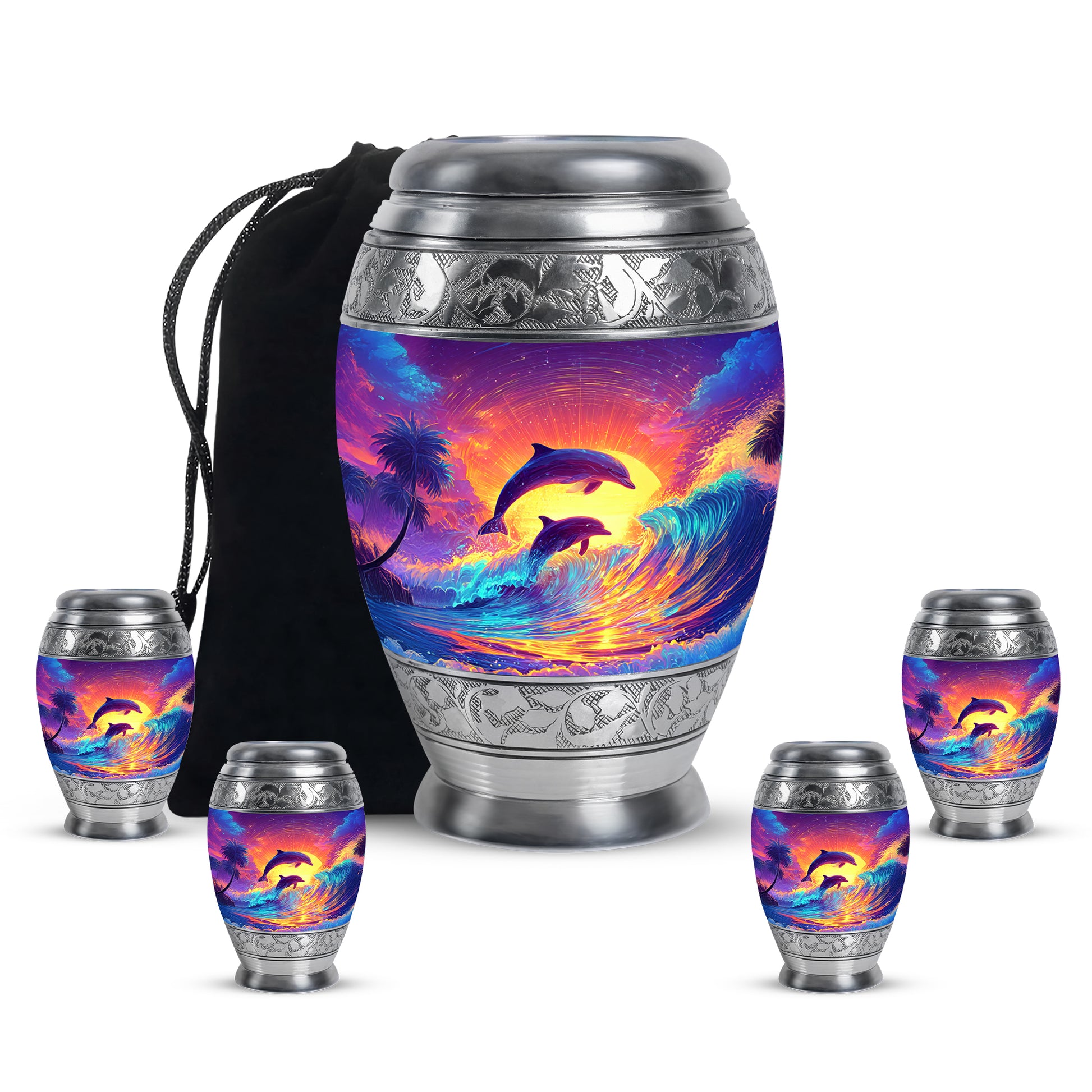 Grape Purple Dolphin Cremation Urn detail view - royal dolphin engraving with decorative scrollwork - memorial set with one large and four small urns
