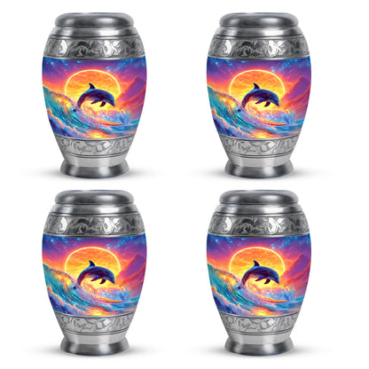 Serene Blue Dolphin Cremation Urn urn with complimentary velvet bag - majestic dolphin pattern with filigree border - 10 inch aluminum urn for cremated remains