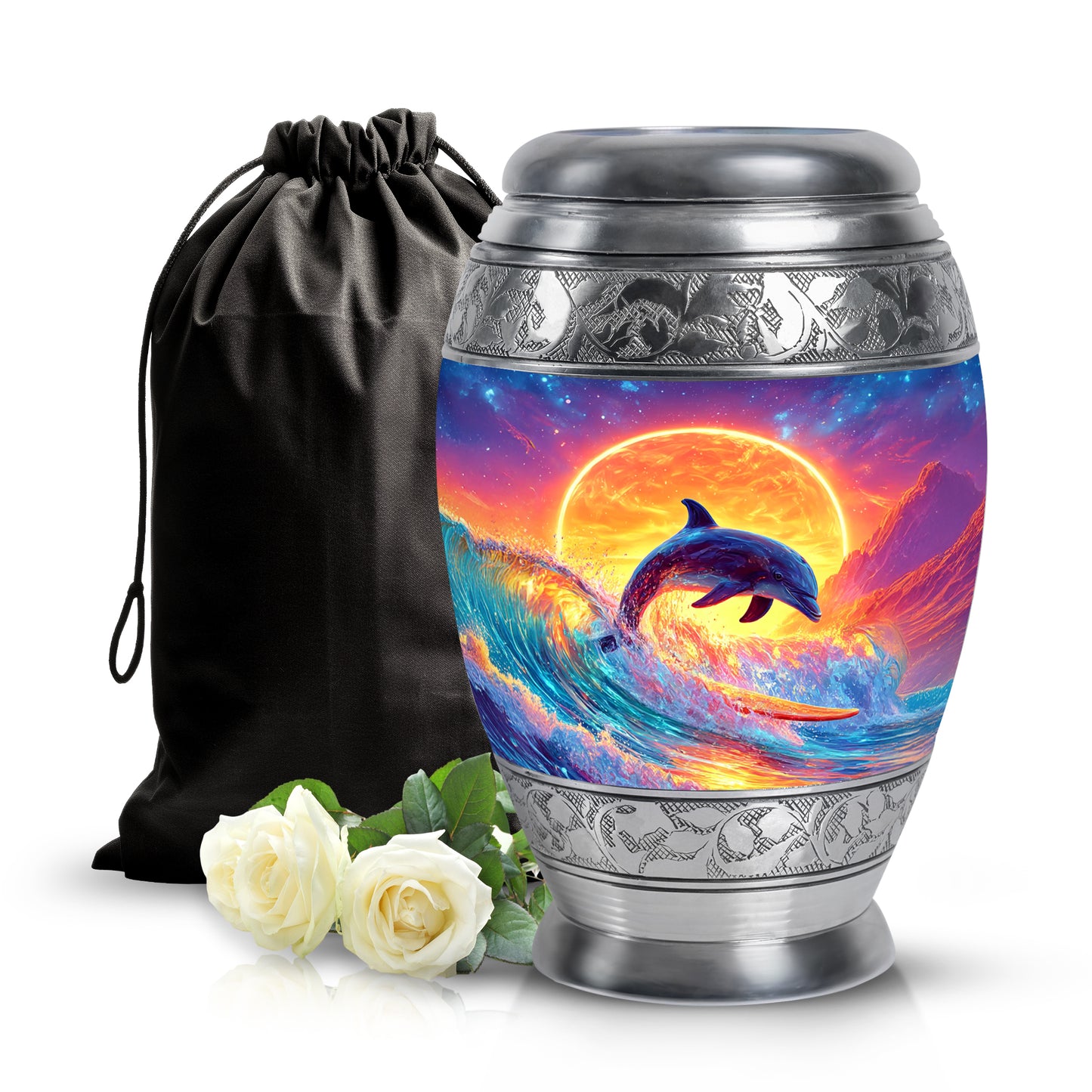Dusty Blue Dolphin Cremation Urn back view with polished surface - regal dolphin design with crown-inspired accents - full-size 10 inch 200 cubic inch adult cremation urn