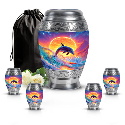 Powder Blue Dolphin Cremation Urn detail view - regal dolphin design with crown-inspired accents - memorial set with one large and four small urns