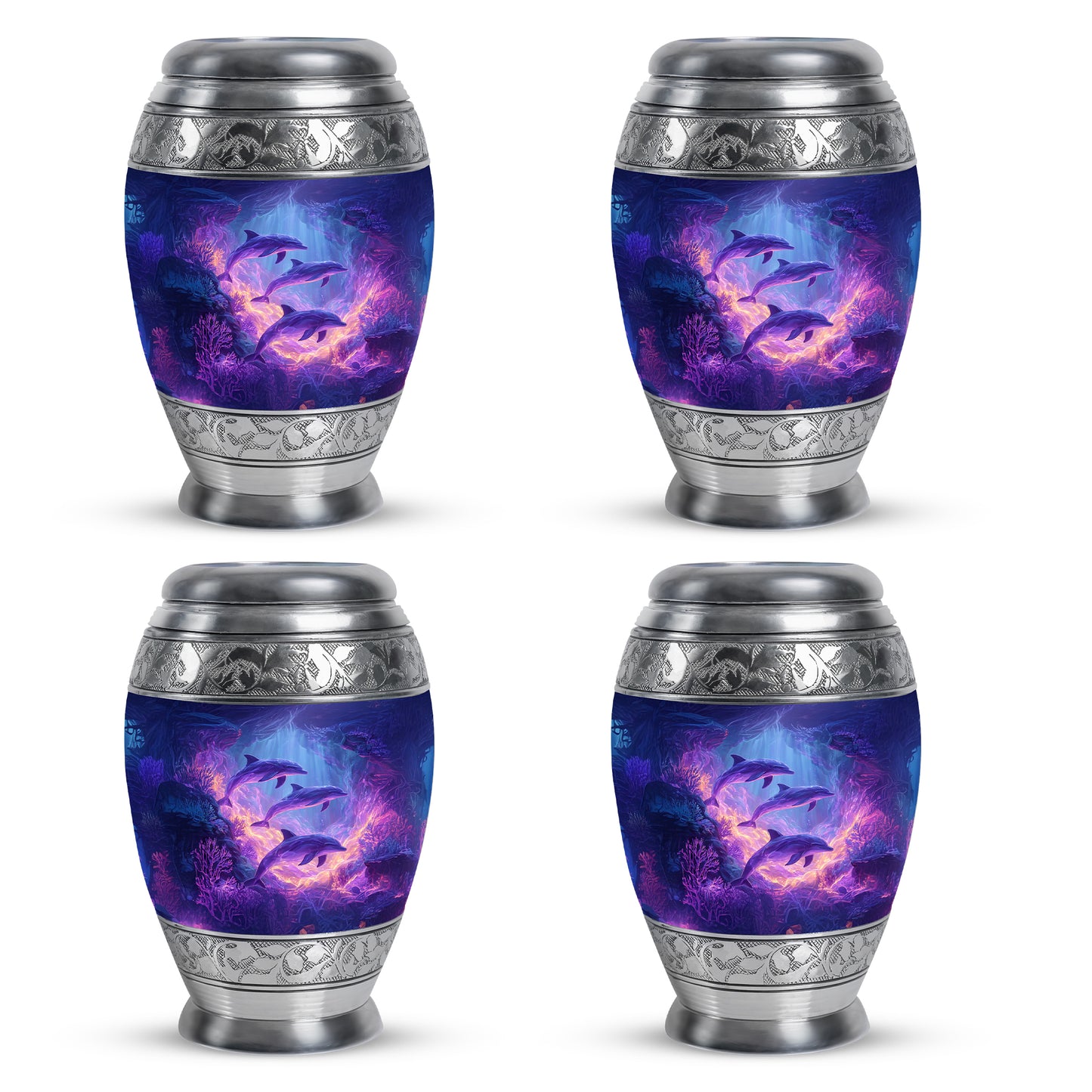 Sky Blue Dolphin Cremation Urn urn with complimentary velvet bag - ornate monarch-style dolphin relief on brushed aluminum - 10 inch aluminum urn for cremated remains