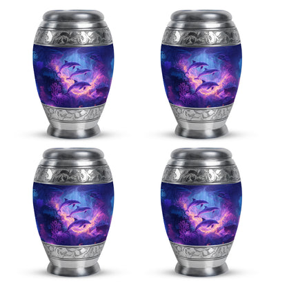 Sky Blue Dolphin Cremation Urn urn with complimentary velvet bag - ornate monarch-style dolphin relief on brushed aluminum - 10 inch aluminum urn for cremated remains