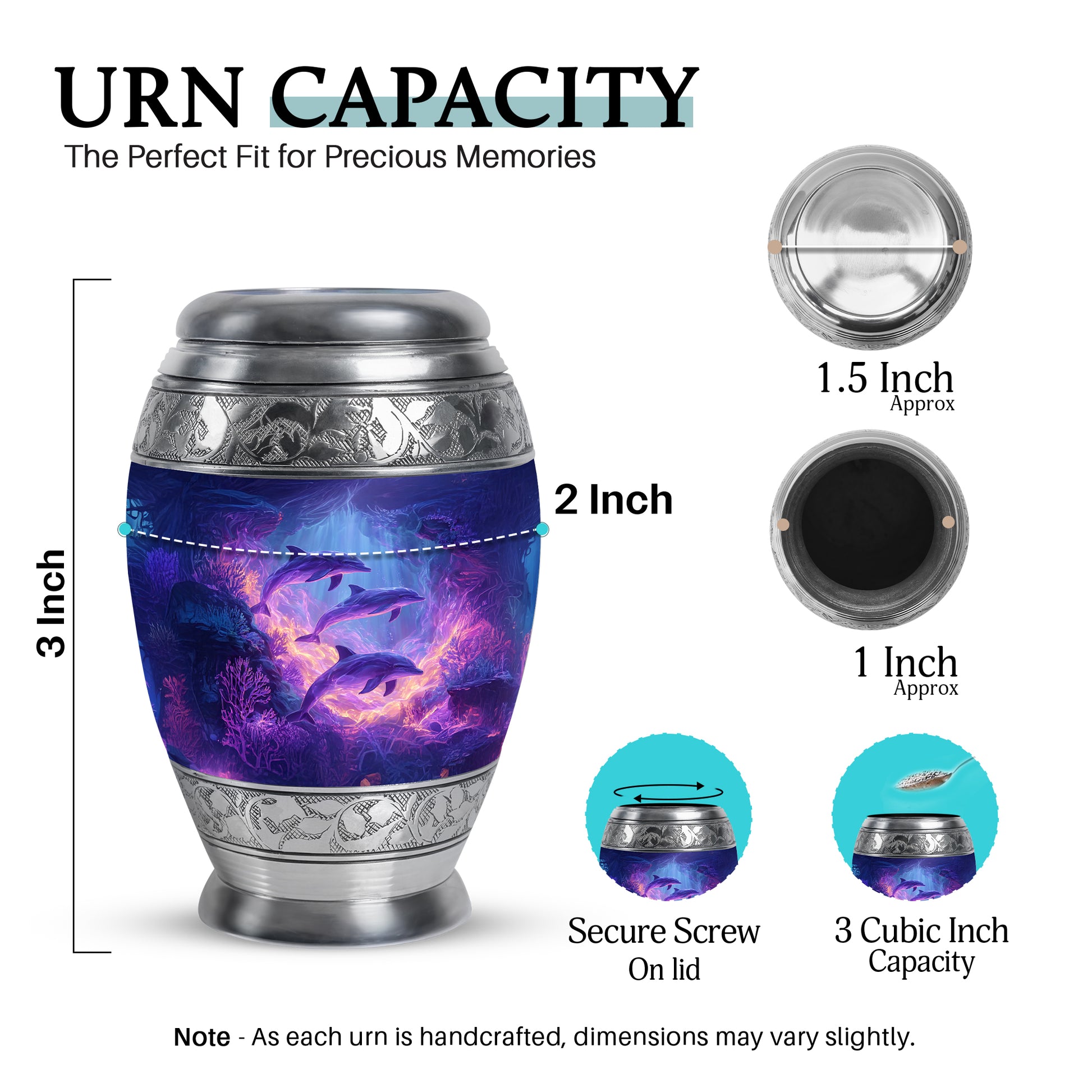 Slate Blue Dolphin Cremation Urn lifestyle display on memorial shelf - ornate monarch-style dolphin relief on brushed aluminum - mini keepsake memorial for portion of cremation ashes
