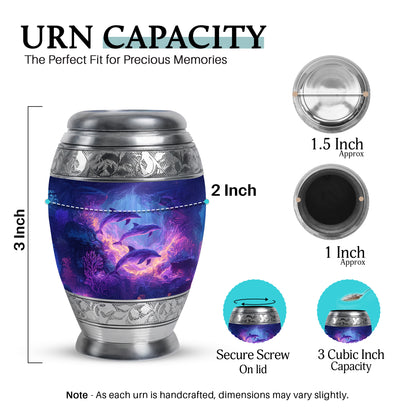 Slate Blue Dolphin Cremation Urn lifestyle display on memorial shelf - ornate monarch-style dolphin relief on brushed aluminum - mini keepsake memorial for portion of cremation ashes