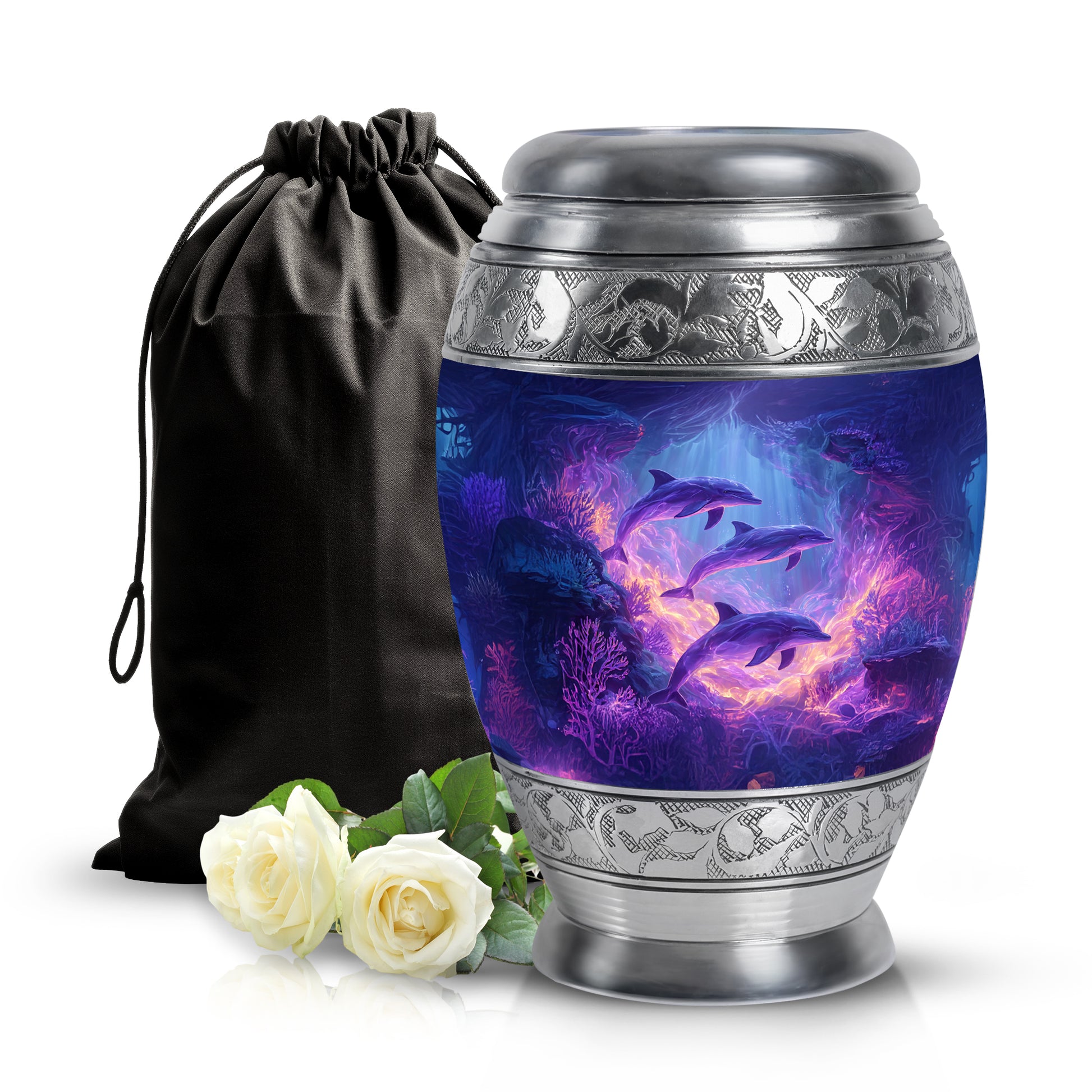 Royal Blue Dolphin Cremation Urn back view with polished surface - majestic dolphin pattern with filigree border - full-size 10 inch 200 cubic inch adult cremation urn