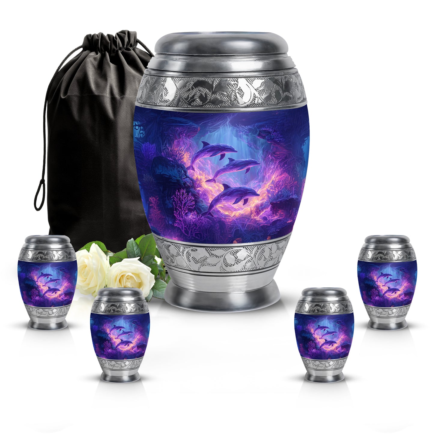 Steel Blue Dolphin Cremation Urn detail view - majestic dolphin pattern with filigree border - memorial set with one large and four small urns