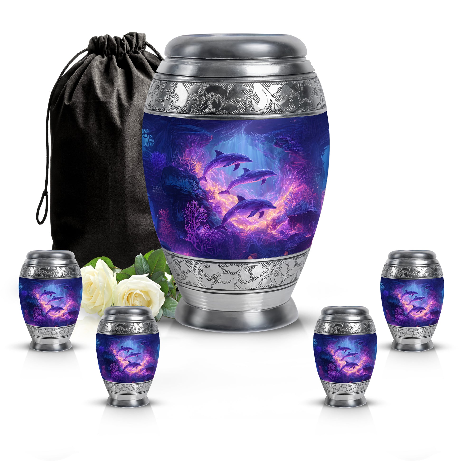 Steel Blue Dolphin Cremation Urn detail view - majestic dolphin pattern with filigree border - memorial set with one large and four small urns