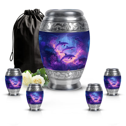 Steel Blue Dolphin Cremation Urn detail view - majestic dolphin pattern with filigree border - memorial set with one large and four small urns