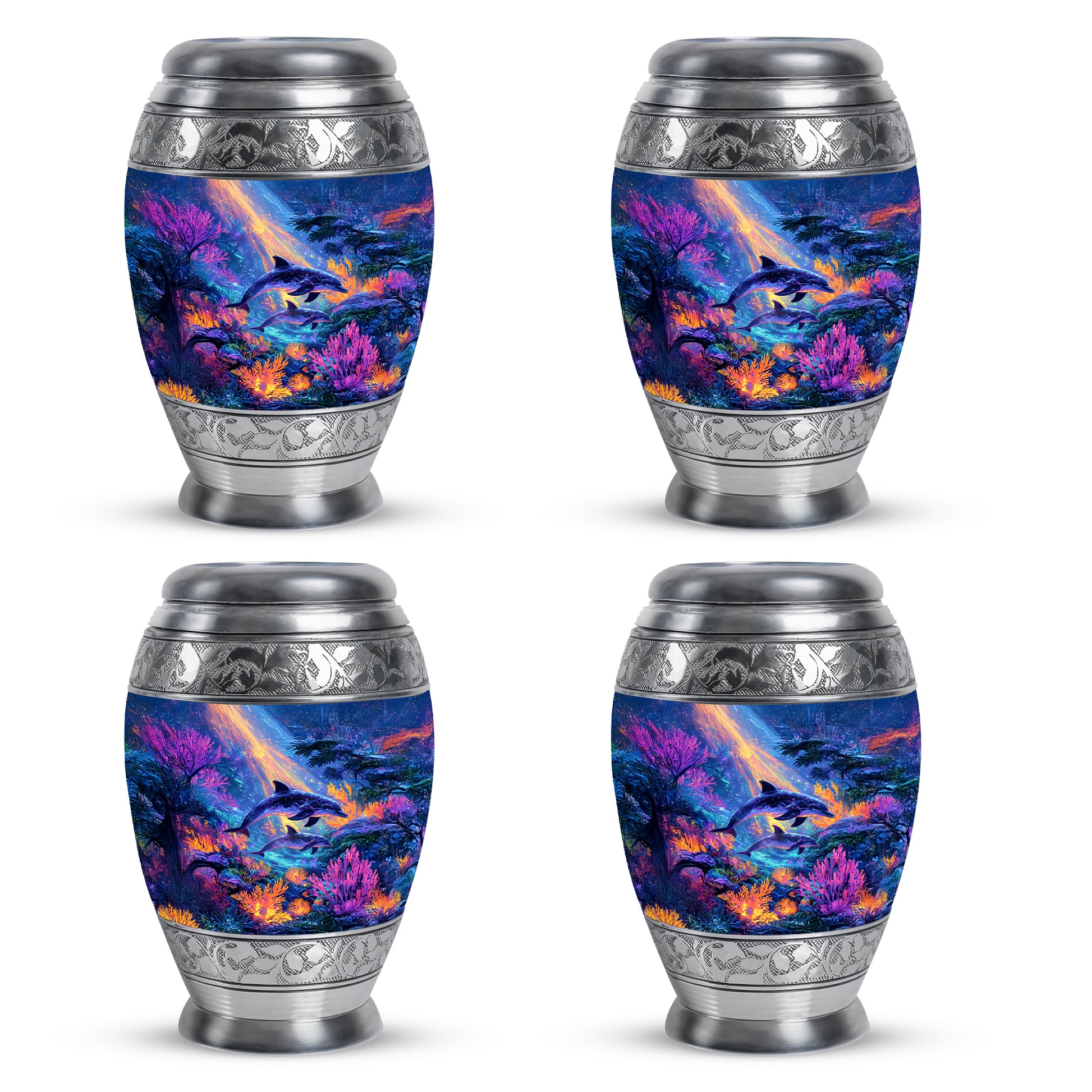 Pastel Blue Dolphin Cremation Urn urn with complimentary velvet bag - ornate monarch-style dolphin relief on brushed aluminum - 10 inch aluminum urn for cremated remains