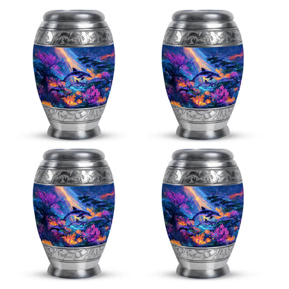 Pastel Blue Dolphin Cremation Urn urn with complimentary velvet bag - ornate monarch-style dolphin relief on brushed aluminum - 10 inch aluminum urn for cremated remains