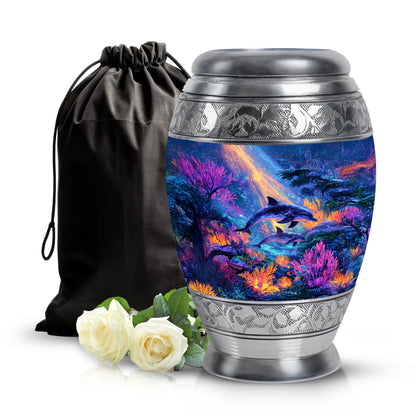 Calming Blue Dolphin Cremation Urn back view with polished surface - royal dolphin engraving with decorative scrollwork - full-size 10 inch 200 cubic inch adult cremation urn