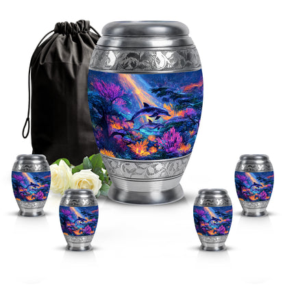 Dusty Blue Dolphin Cremation Urn detail view - ornate monarch-style dolphin relief on brushed aluminum - memorial set with one large and four small urns