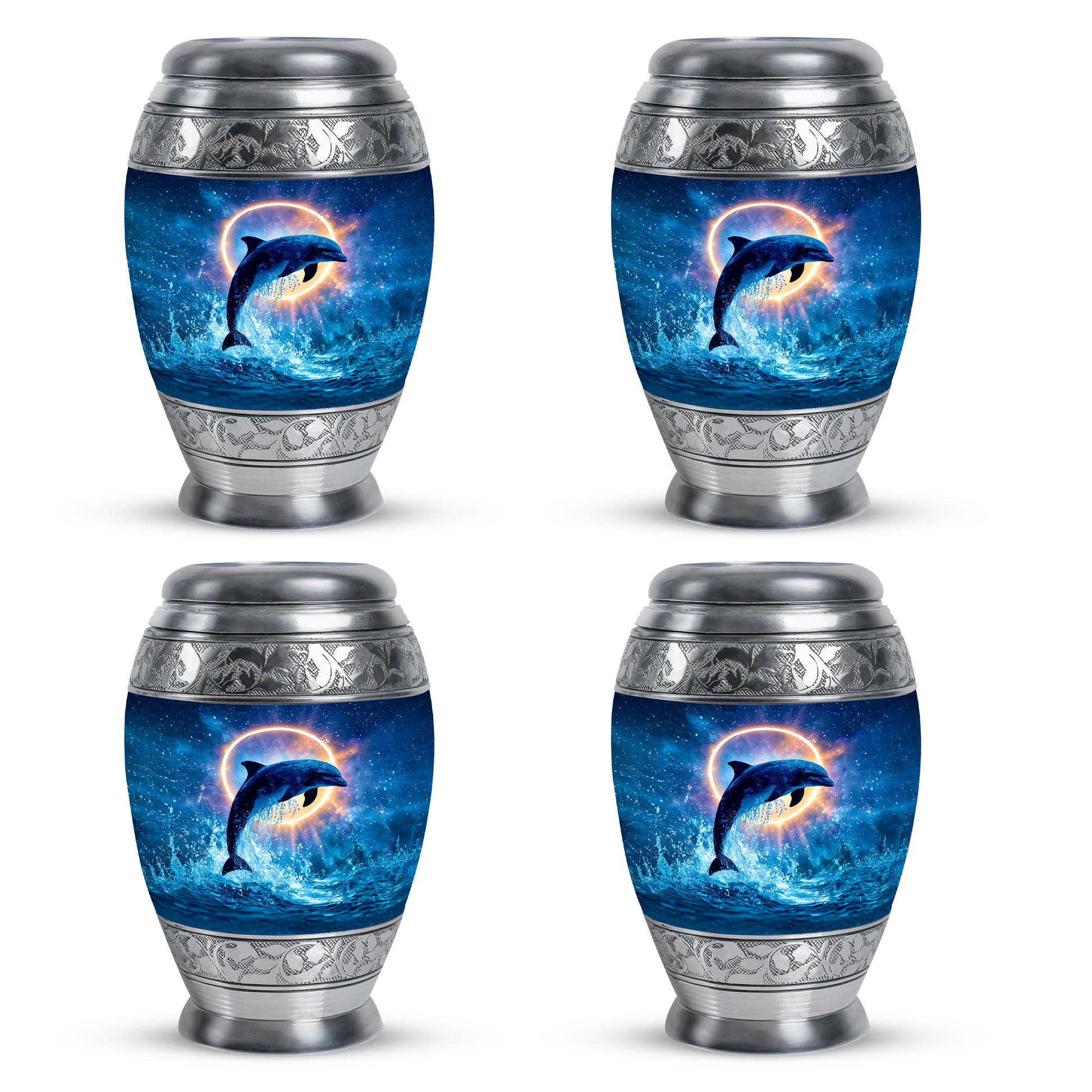 Sapphire Blue Dolphin Cremation Urn urn with complimentary velvet bag - royal dolphin engraving with decorative scrollwork - 10 inch aluminum urn for cremated remains