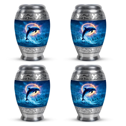 Sapphire Blue Dolphin Cremation Urn urn with complimentary velvet bag - royal dolphin engraving with decorative scrollwork - 10 inch aluminum urn for cremated remains