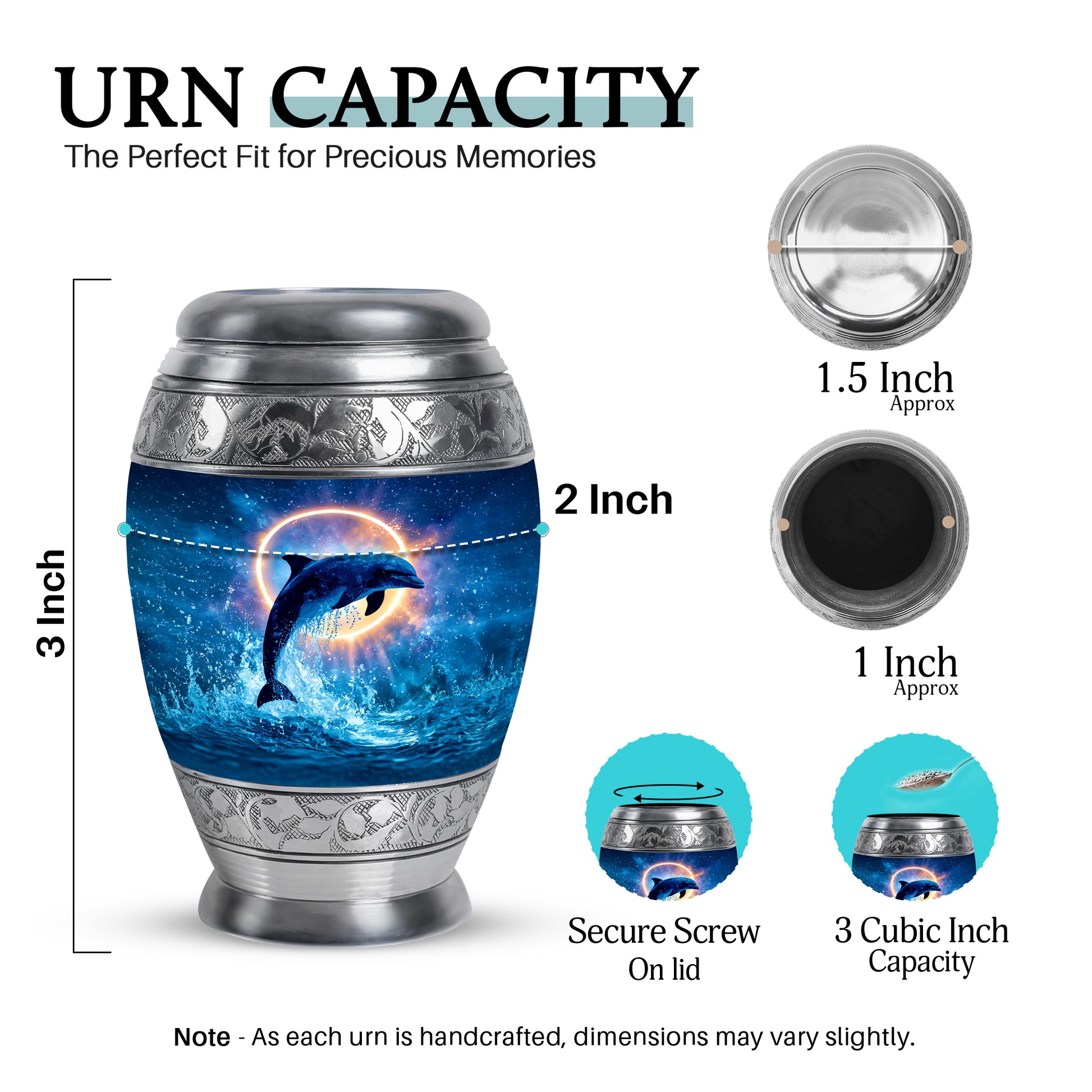 Royal Blue Dolphin Cremation Urn lifestyle display on memorial shelf - royal dolphin engraving with decorative scrollwork - mini keepsake memorial for portion of cremation ashes