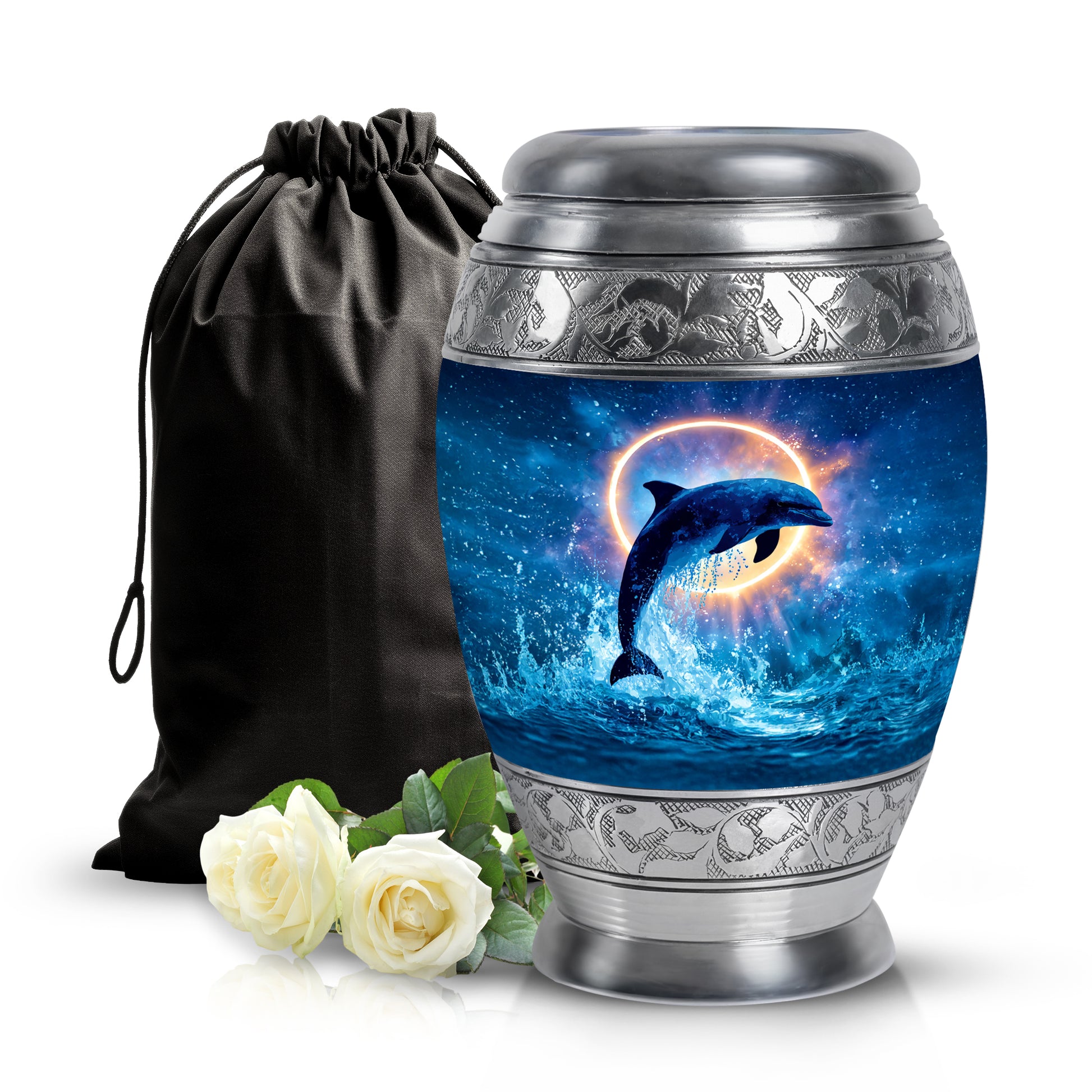 Icy Blue Dolphin Cremation Urn back view with polished surface - ornate monarch-style dolphin relief on brushed aluminum - full-size 10 inch 200 cubic inch adult cremation urn