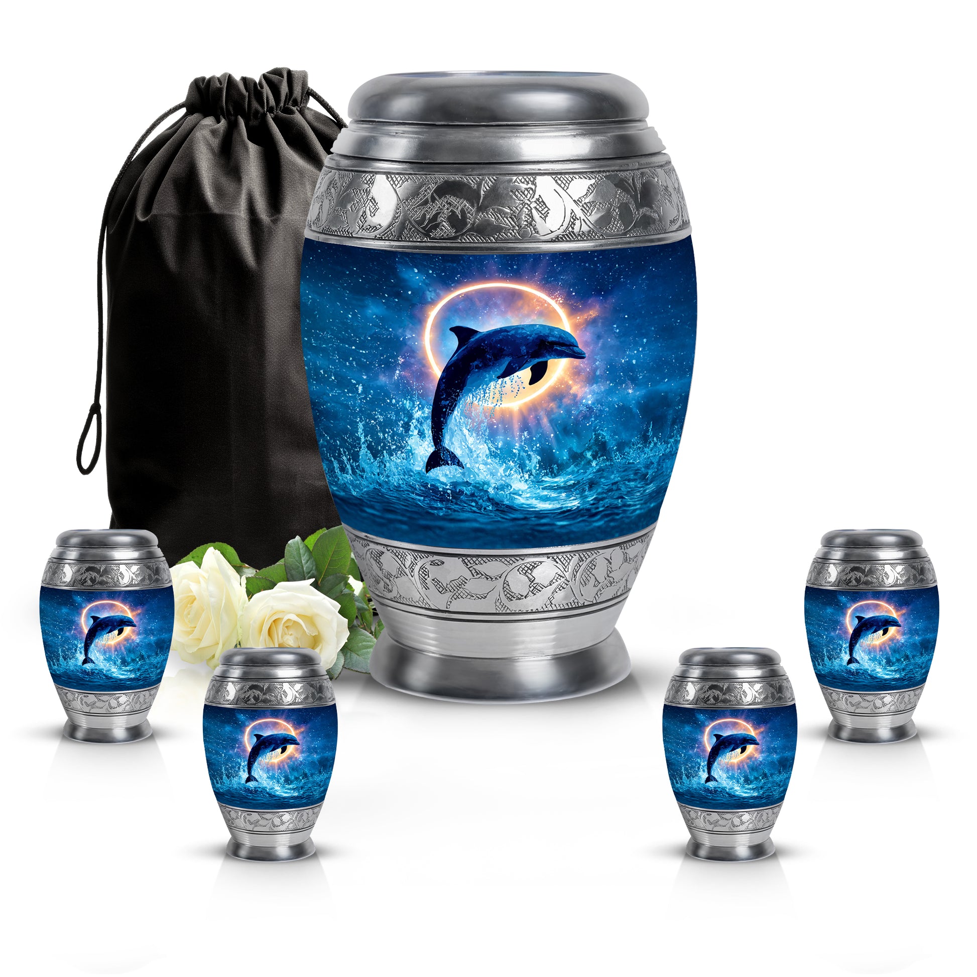 Dusty Blue Dolphin Cremation Urn detail view - regal dolphin design with crown-inspired accents - memorial set with one large and four small urns