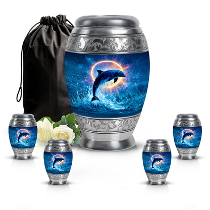 Dusty Blue Dolphin Cremation Urn detail view - regal dolphin design with crown-inspired accents - memorial set with one large and four small urns