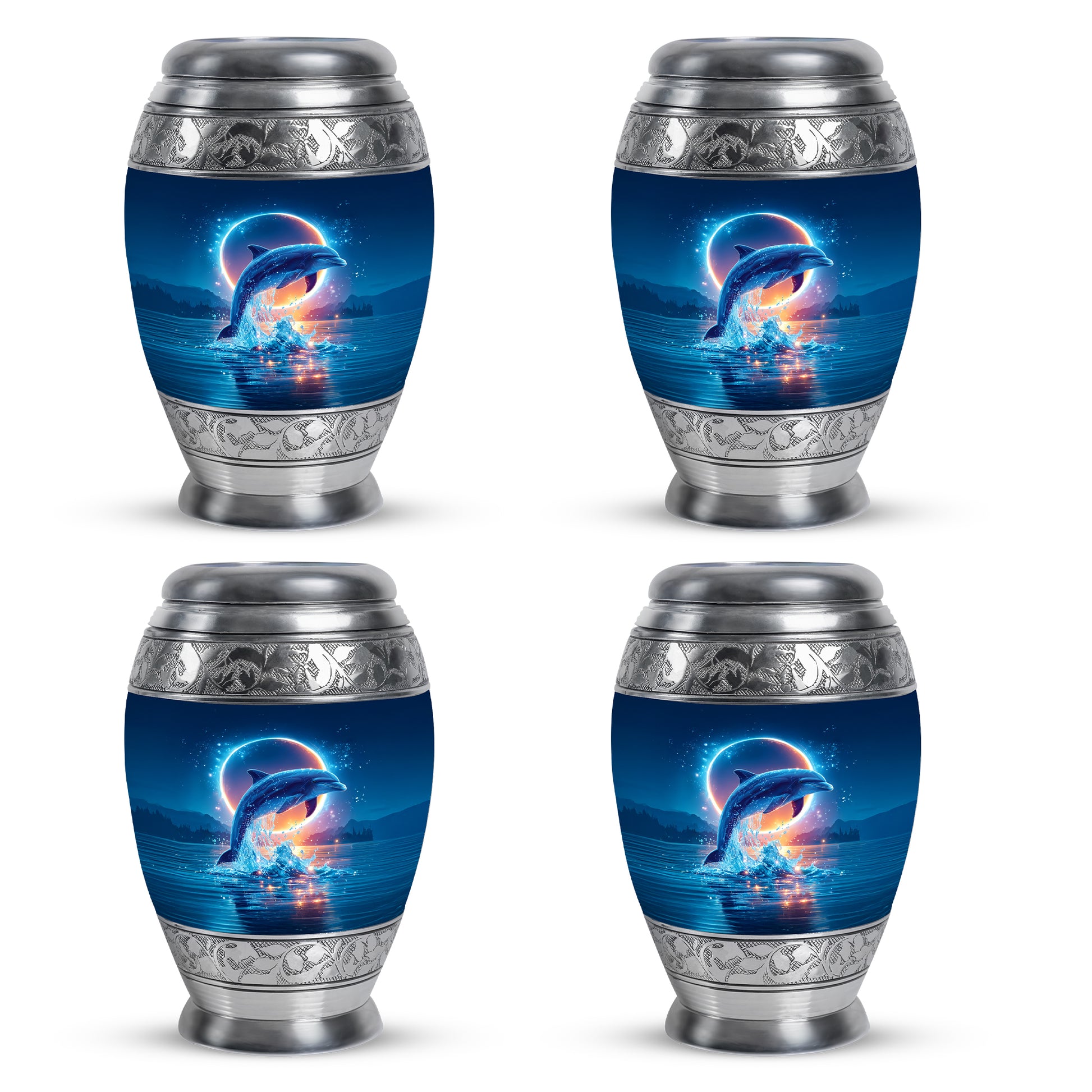 Powder Blue Dolphin Cremation Urn urn with complimentary velvet bag - regal dolphin design with crown-inspired accents - 10 inch aluminum urn for cremated remains
