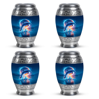 Powder Blue Dolphin Cremation Urn urn with complimentary velvet bag - regal dolphin design with crown-inspired accents - 10 inch aluminum urn for cremated remains