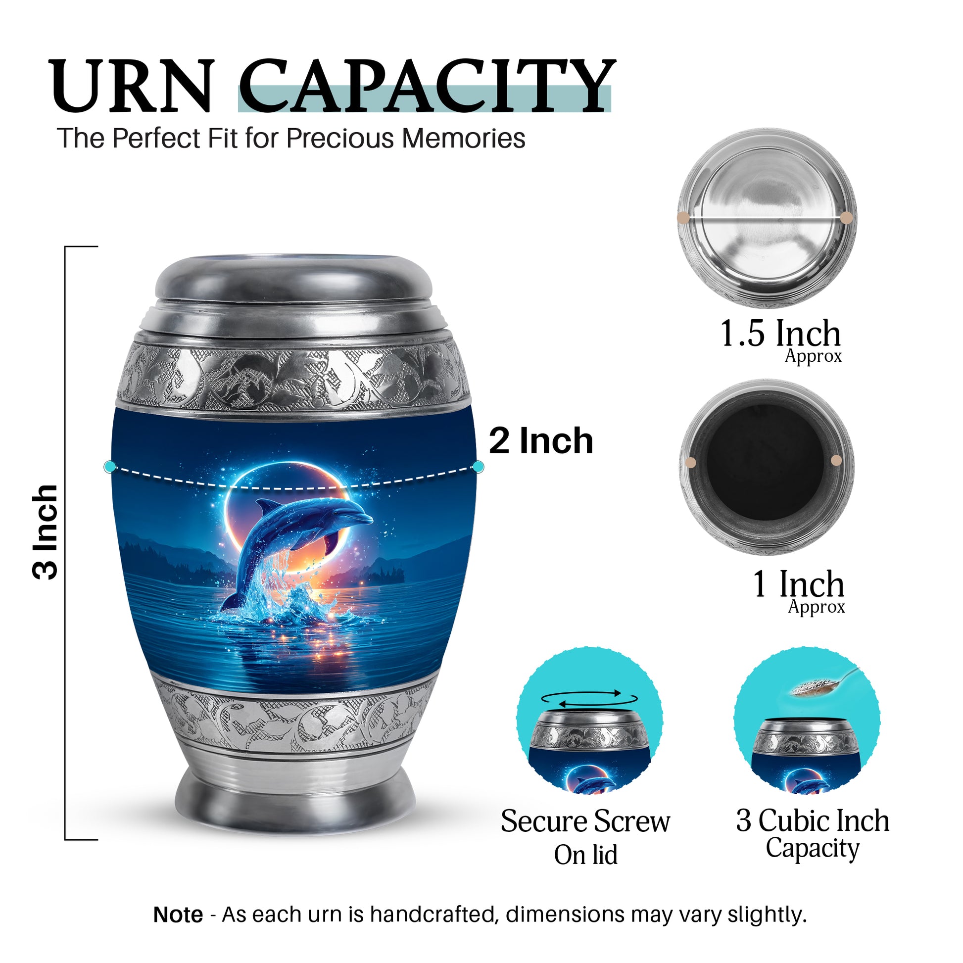 Vivid Blue Dolphin Cremation Urn lifestyle display on memorial shelf - royal dolphin engraving with decorative scrollwork - mini keepsake memorial for portion of cremation ashes