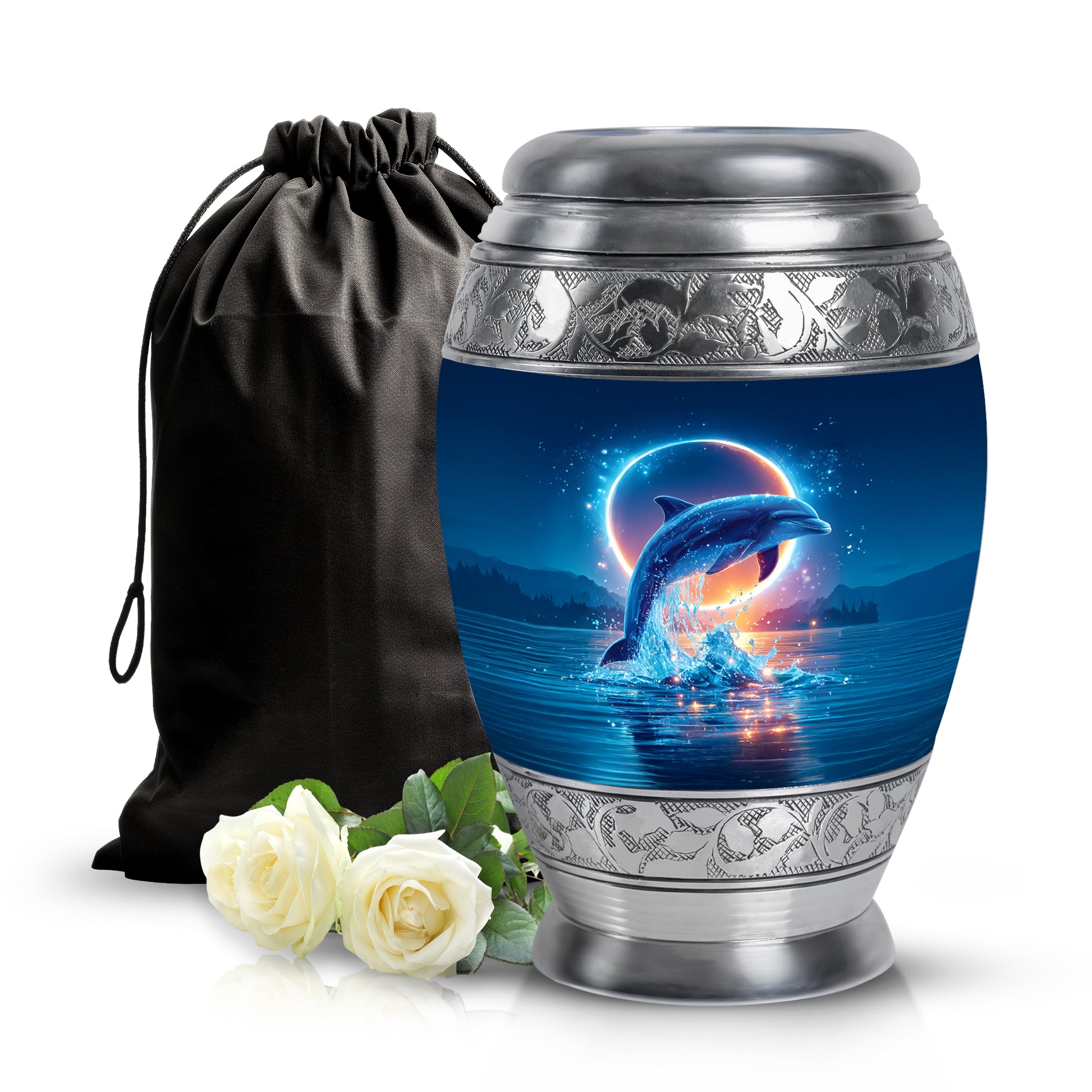 Powder Blue Dolphin Cremation Urn back view with polished surface - regal dolphin design with crown-inspired accents - full-size 10 inch 200 cubic inch adult cremation urn