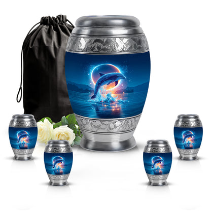 Royal Blue Dolphin Cremation Urn detail view - majestic dolphin pattern with filigree border - memorial set with one large and four small urns