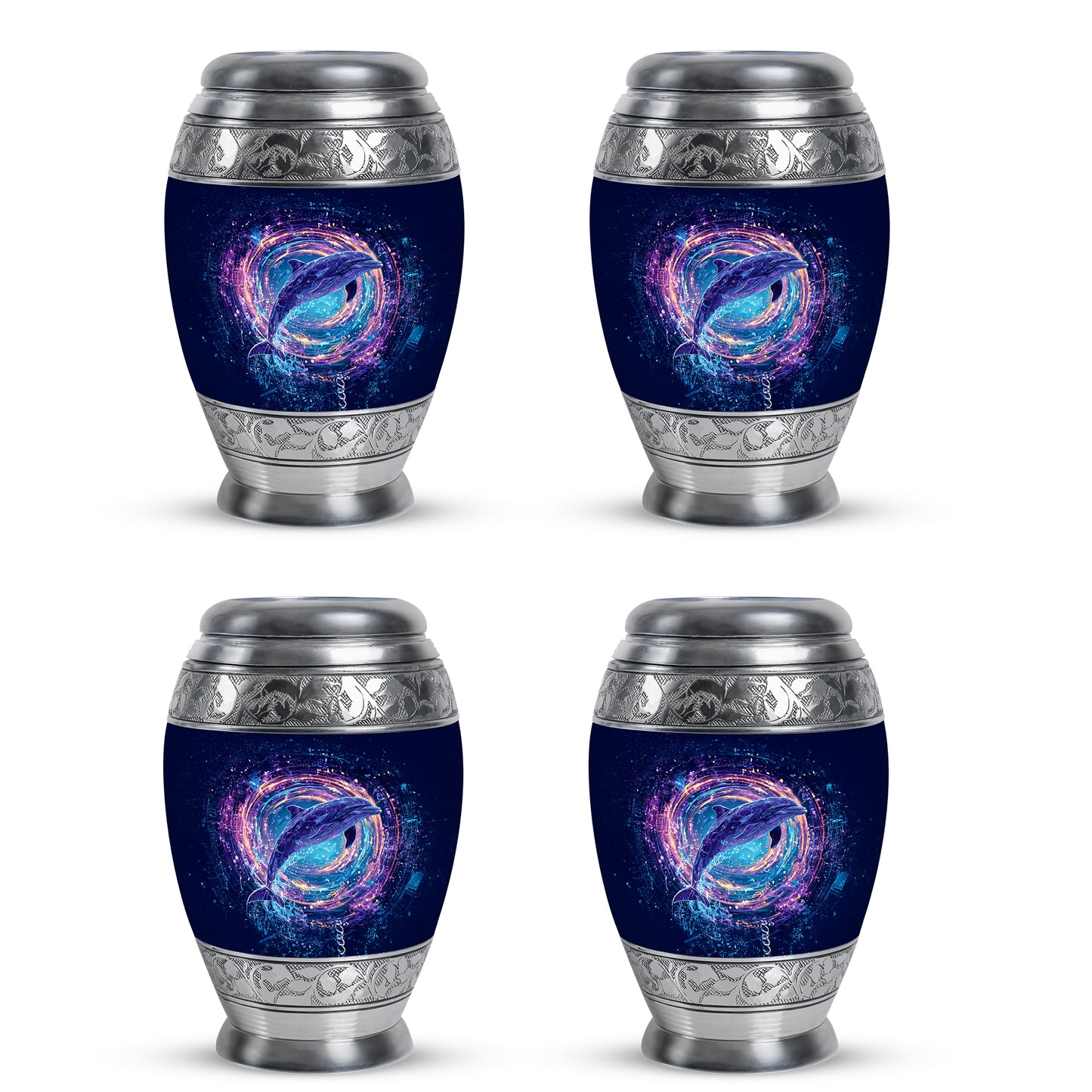 Royal Blue Dolphin Cremation Urn urn with complimentary velvet bag - royal dolphin engraving with decorative scrollwork - 10 inch aluminum urn for cremated remains