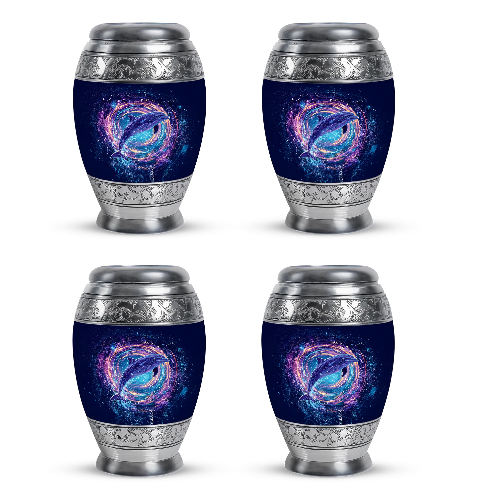 Royal Blue Dolphin Cremation Urn urn with complimentary velvet bag - royal dolphin engraving with decorative scrollwork - 10 inch aluminum urn for cremated remains