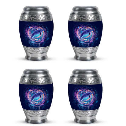 Royal Blue Dolphin Cremation Urn urn with complimentary velvet bag - royal dolphin engraving with decorative scrollwork - 10 inch aluminum urn for cremated remains
