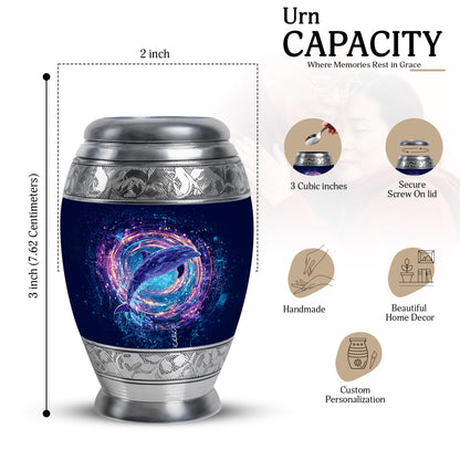 Cobalt Blue Dolphin Cremation Urn lifestyle display on memorial shelf - majestic dolphin pattern with filigree border - mini keepsake memorial for portion of cremation ashes