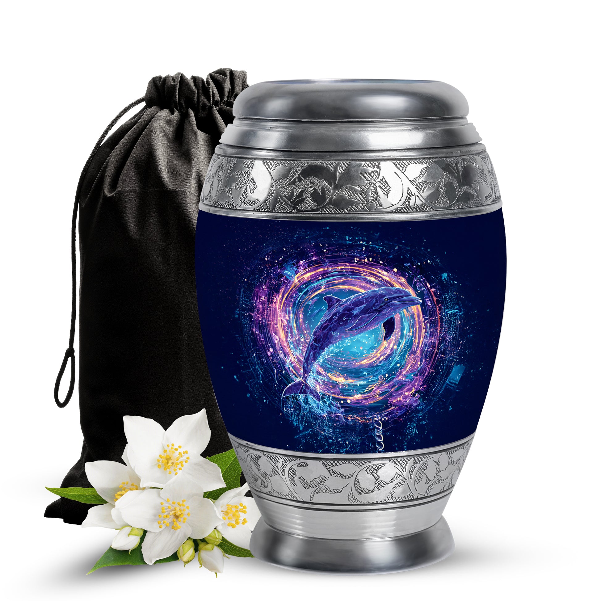 Misty Blue Dolphin Cremation Urn back view with polished surface - regal dolphin design with crown-inspired accents - full-size 10 inch 200 cubic inch adult cremation urn
