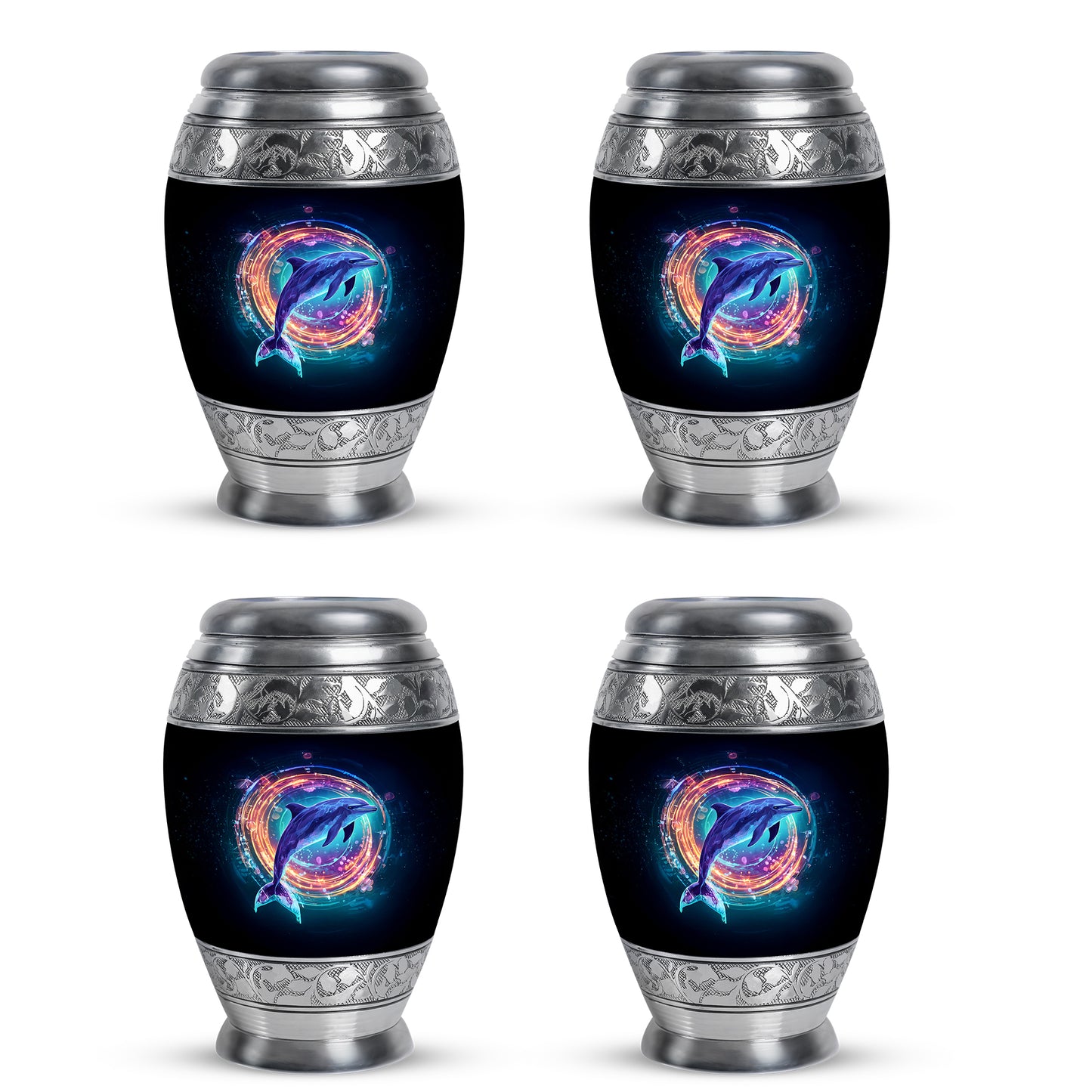 Onyx Black Dolphin Cremation Urn urn with complimentary velvet bag - majestic dolphin pattern with filigree border - 10 inch aluminum urn for cremated remains
