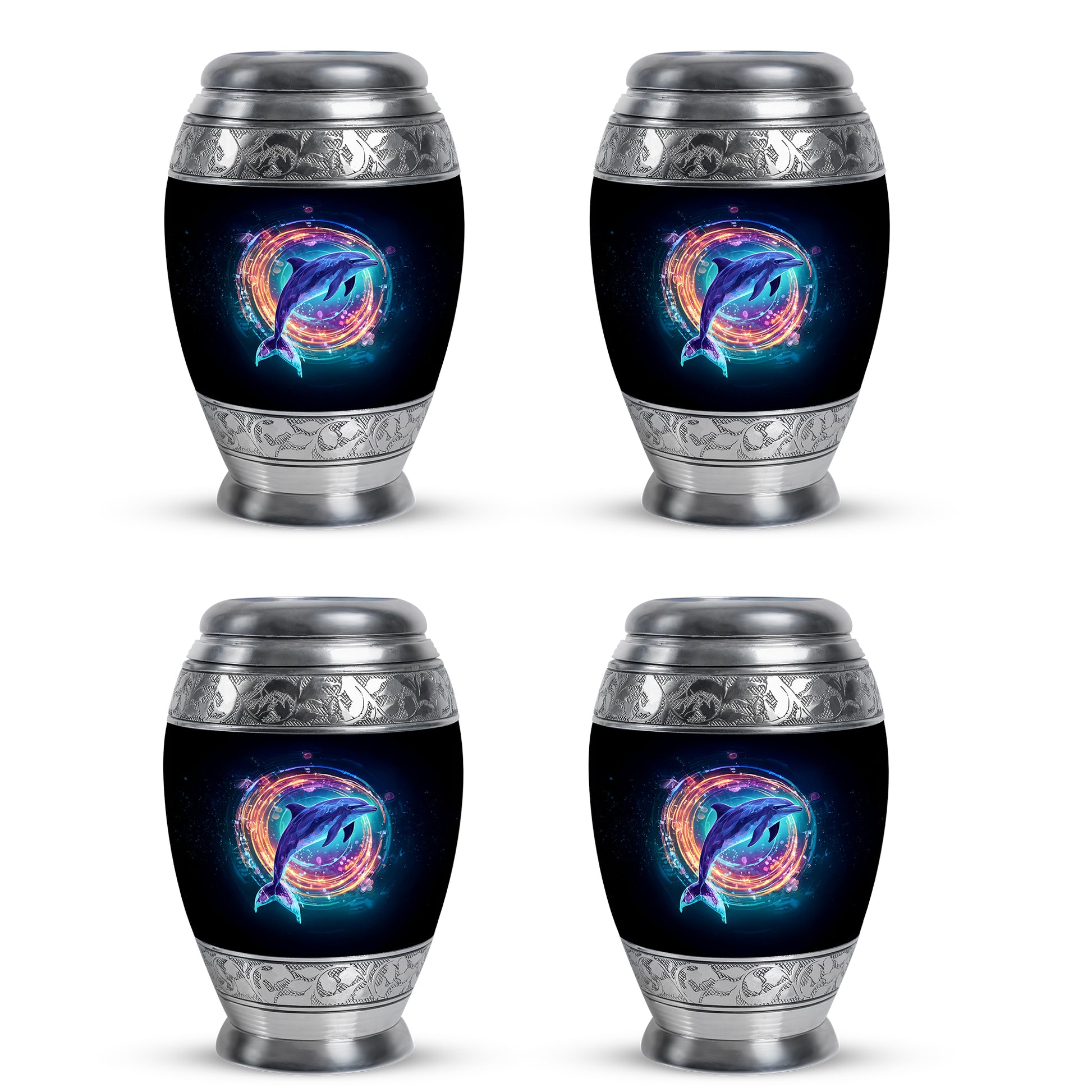Onyx Black Dolphin Cremation Urn urn with complimentary velvet bag - majestic dolphin pattern with filigree border - 10 inch aluminum urn for cremated remains