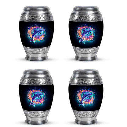Onyx Black Dolphin Cremation Urn urn with complimentary velvet bag - majestic dolphin pattern with filigree border - 10 inch aluminum urn for cremated remains