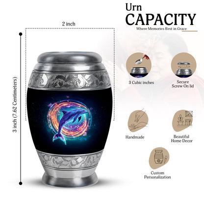 Midnight Black Dolphin Cremation Urn lifestyle display on memorial shelf - royal dolphin engraving with decorative scrollwork - mini keepsake memorial for portion of cremation ashes