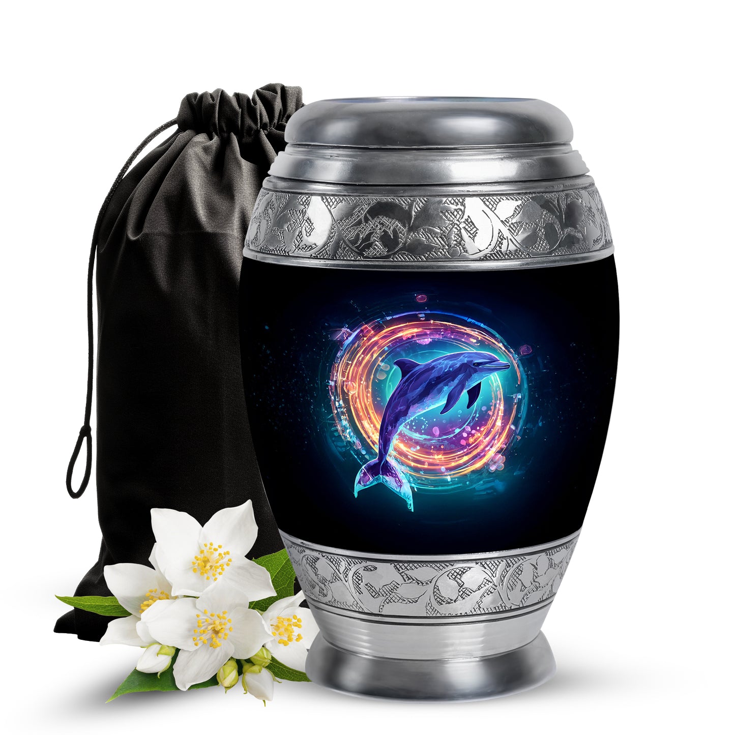 Midnight Black Dolphin Cremation Urn back view with polished surface - majestic dolphin pattern with filigree border - full-size 10 inch 200 cubic inch adult cremation urn