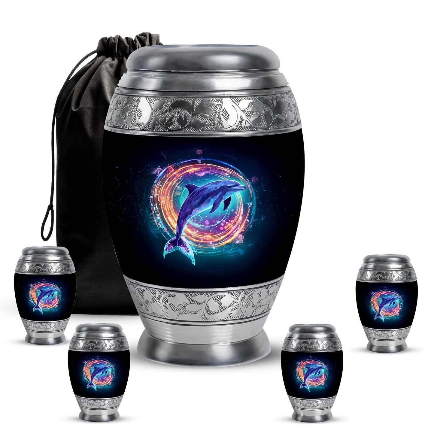 Glossy Black Dolphin Cremation Urn detail view - regal dolphin design with crown-inspired accents - memorial set with one large and four small urns