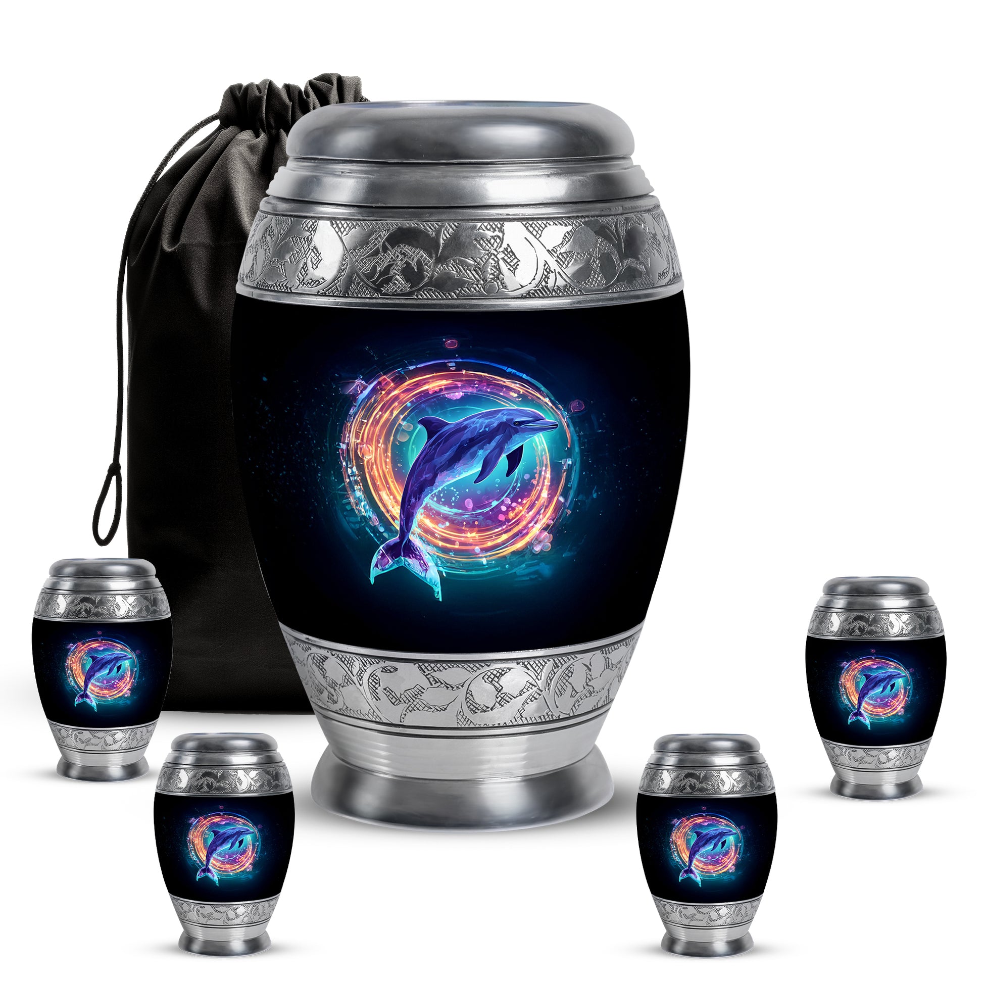 Glossy Black Dolphin Cremation Urn detail view - regal dolphin design with crown-inspired accents - memorial set with one large and four small urns