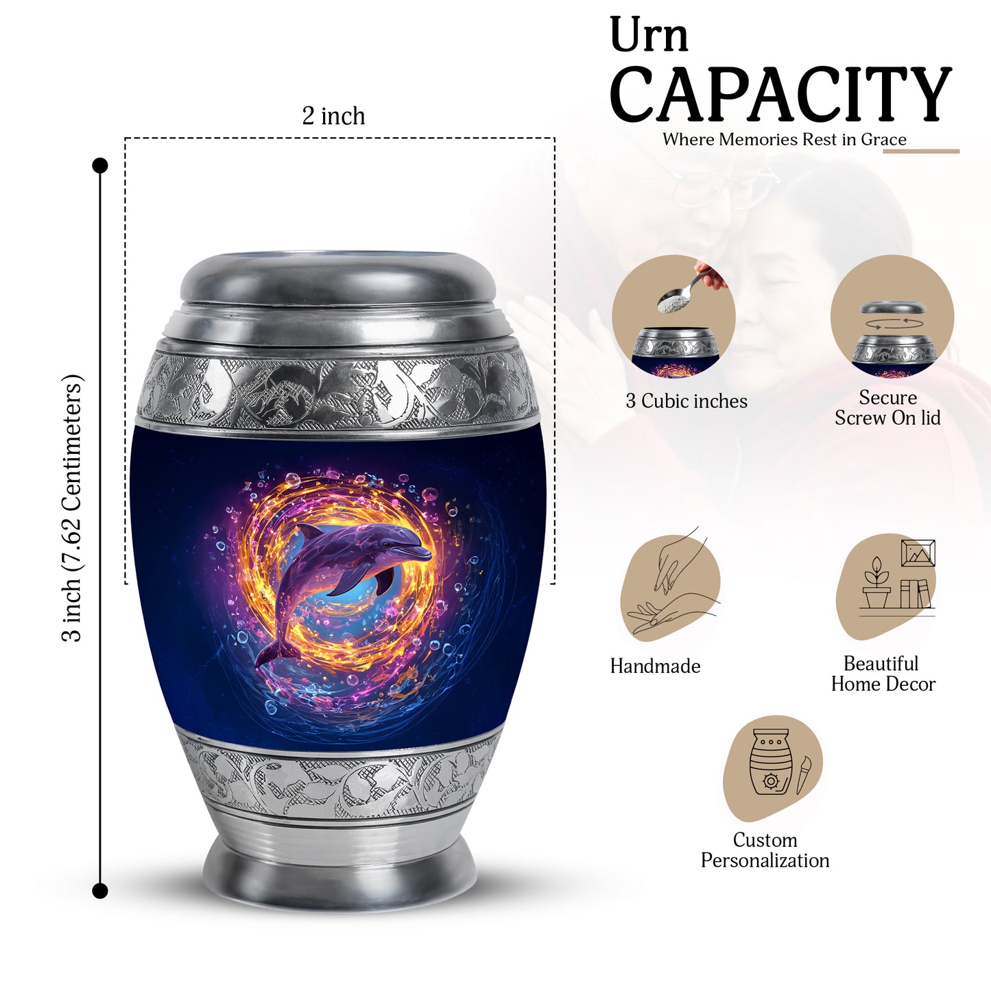 Navy Blue Dolphin Cremation Urn lifestyle display on memorial shelf - regal dolphin design with crown-inspired accents - mini keepsake memorial for portion of cremation ashes