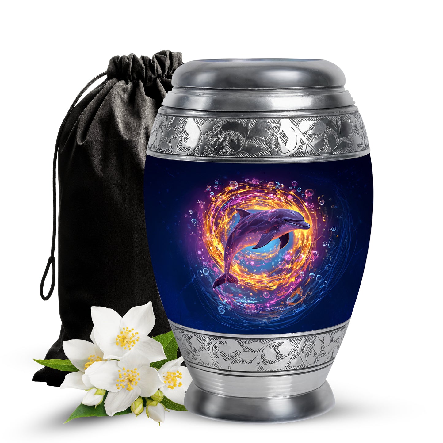 Navy Blue Dolphin Cremation Urn back view with polished surface - ornate monarch-style dolphin relief on brushed aluminum - full-size 10 inch 200 cubic inch adult cremation urn