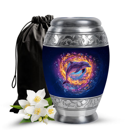 Navy Blue Dolphin Cremation Urn back view with polished surface - ornate monarch-style dolphin relief on brushed aluminum - full-size 10 inch 200 cubic inch adult cremation urn