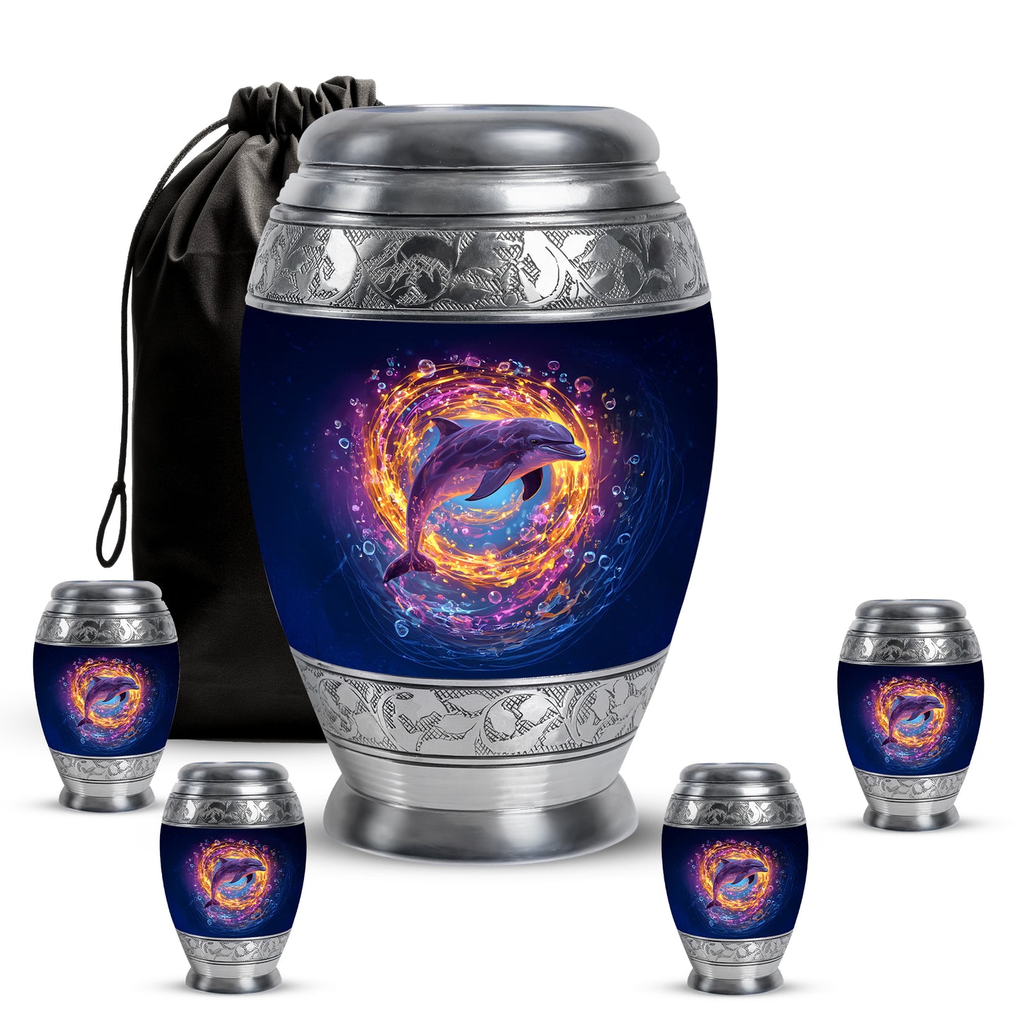 Dusty Blue Dolphin Cremation Urn detail view - regal dolphin design with crown-inspired accents - memorial set with one large and four small urns