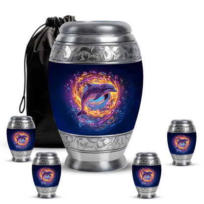 Dusty Blue Dolphin Cremation Urn detail view - regal dolphin design with crown-inspired accents - memorial set with one large and four small urns