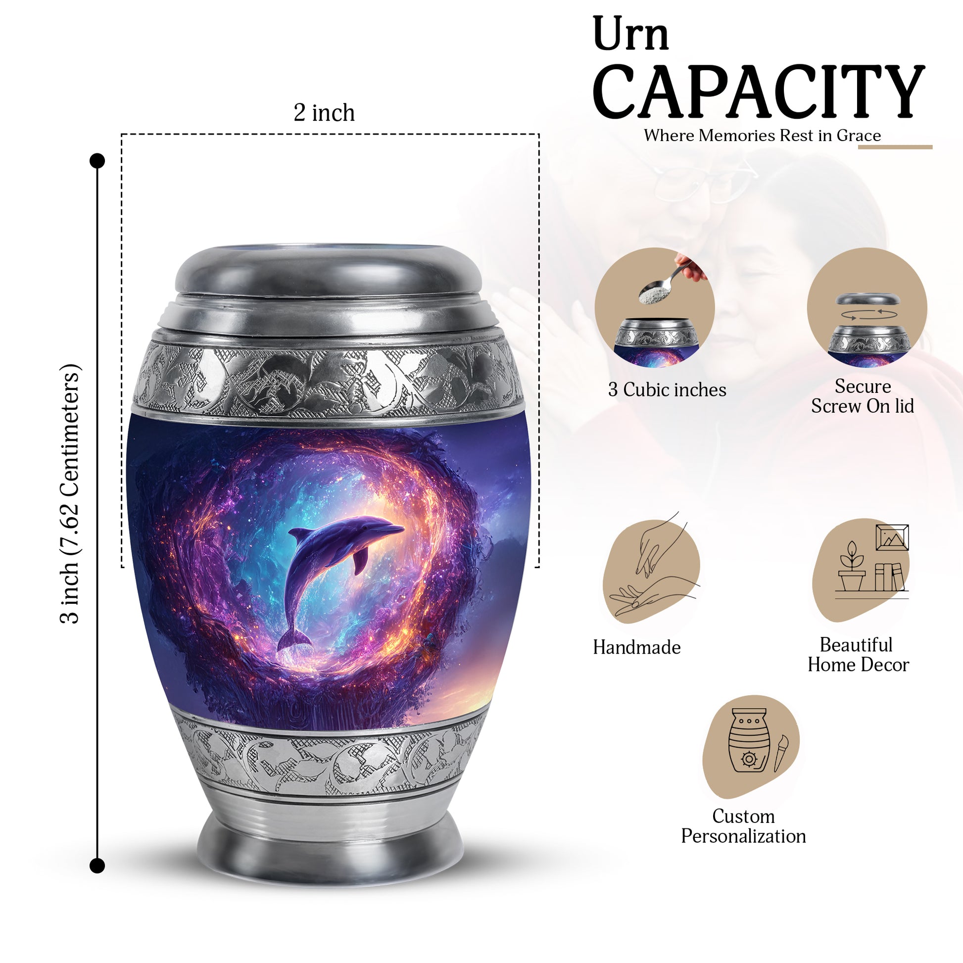 Soft Blue Dolphin Cremation Urn lifestyle display on memorial shelf - royal dolphin engraving with decorative scrollwork - mini keepsake memorial for portion of cremation ashes