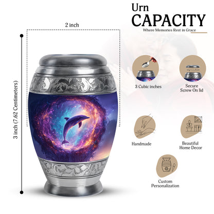 Soft Blue Dolphin Cremation Urn lifestyle display on memorial shelf - royal dolphin engraving with decorative scrollwork - mini keepsake memorial for portion of cremation ashes