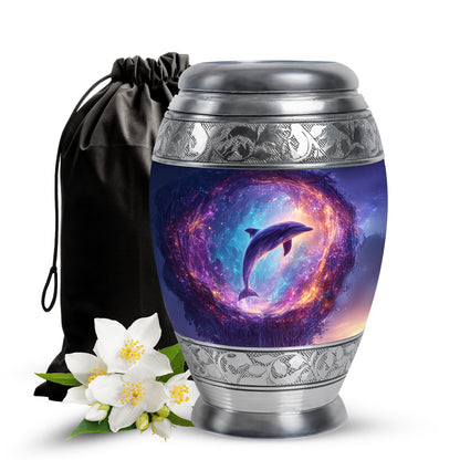 Cobalt Blue Dolphin Cremation Urn back view with polished surface - royal dolphin engraving with decorative scrollwork - full-size 10 inch 200 cubic inch adult cremation urn